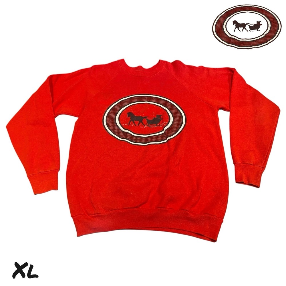 VTG 80s Screen Stars Red Christmas Sweatshirt Horse‎ Sleigh Winter Scene XL USA